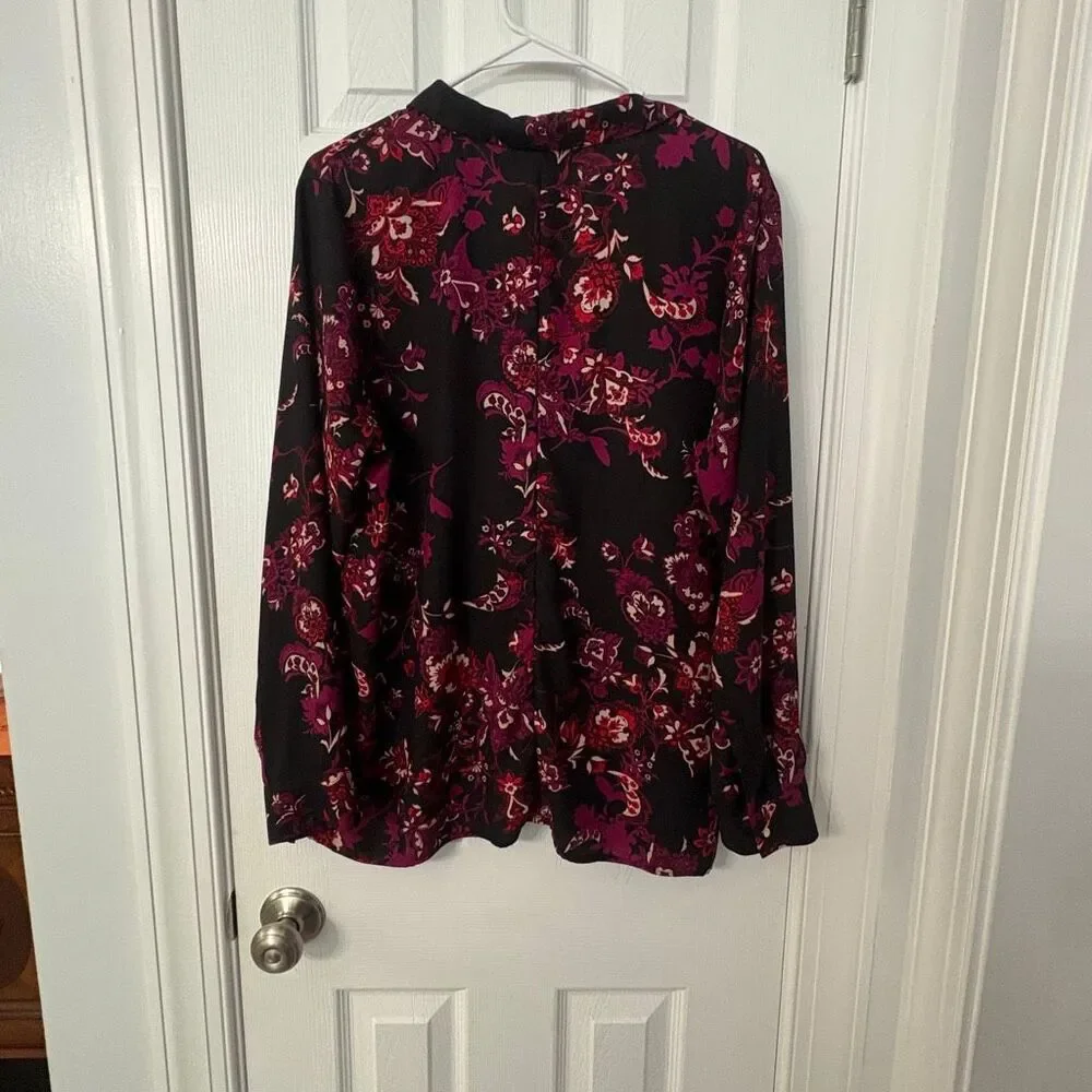 Dana Buchman Women’s XL Blouse Black Pink Floral Long Sleeve Button Cuff - Picture 4 of 9